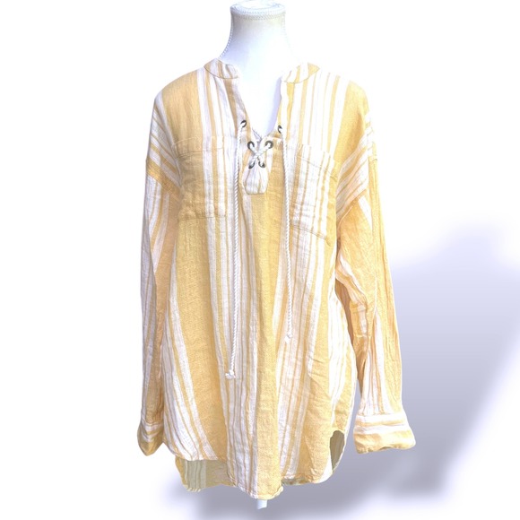 Rip Curl Striped‎ Tunic Top Lace Up Long Sleeve Casual Yellow White M - Picture 1 of 9